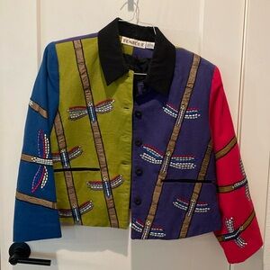 Tunique Ladies Vintage Blazer.  100% Cotton.  Size Large.  Dragon Fly‎ Pattern